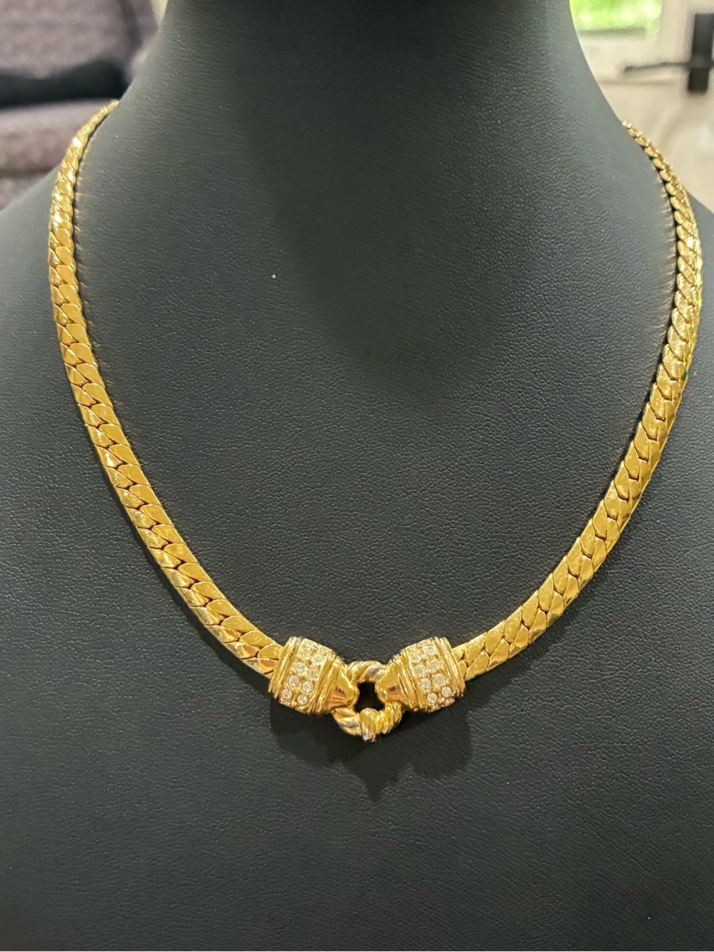 Vintage Swarovski Chunky Gold Plated Herringbone Chain & Crystal Necklace